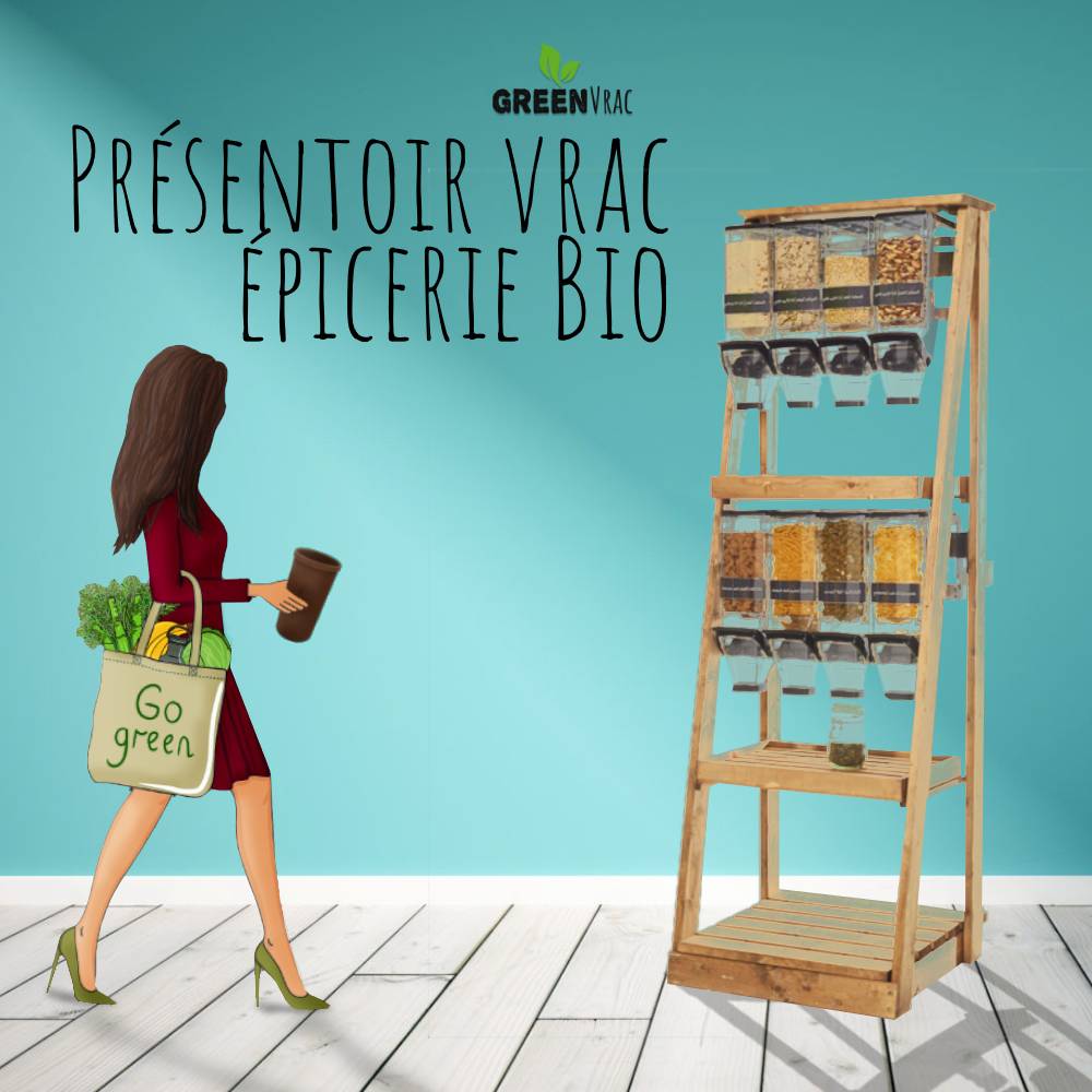 Présentoir Étagère Vrac ÉPICERIE BIO Style Ferme & Campagne 68cm - Avec Distributeurs 12,5l - Tarif sur demande 1 Présentoir Étagère Vrac ÉPICERIE BIO