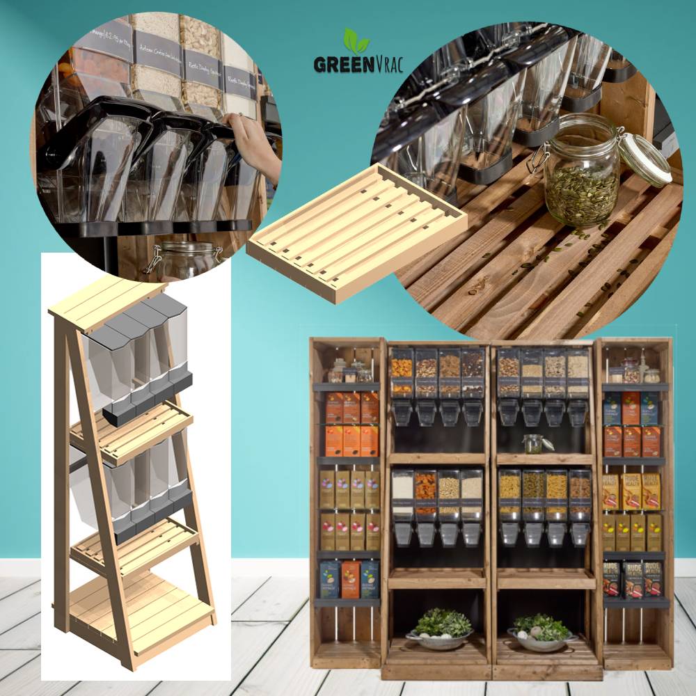 Présentoir Étagère Vrac ÉPICERIE BIO Style Ferme & Campagne 68cm - Avec Distributeurs 12,5l - Tarif sur demande 2 Présentoir fruits Vrac ÉPICERIE BIO