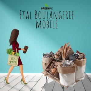 Étal MOBILE BOULANGERIE en bois Style Ferme & Campagne Roulettes - Avec Sacs et Paniers