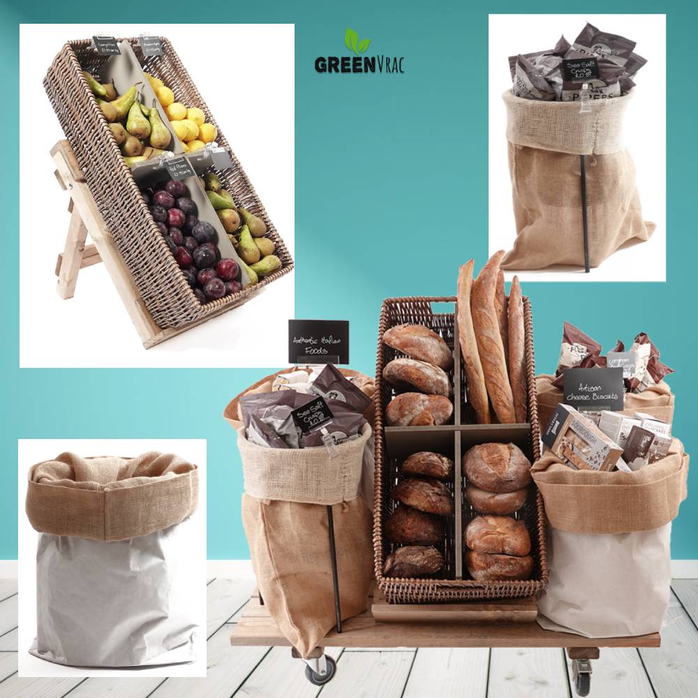 Étal MOBILE BOULANGERIE en bois Style Ferme & Campagne Roulettes - Avec Sacs et Paniers - Tarif sur demande 2 Étal MOBILE BOULANGERIE en bois