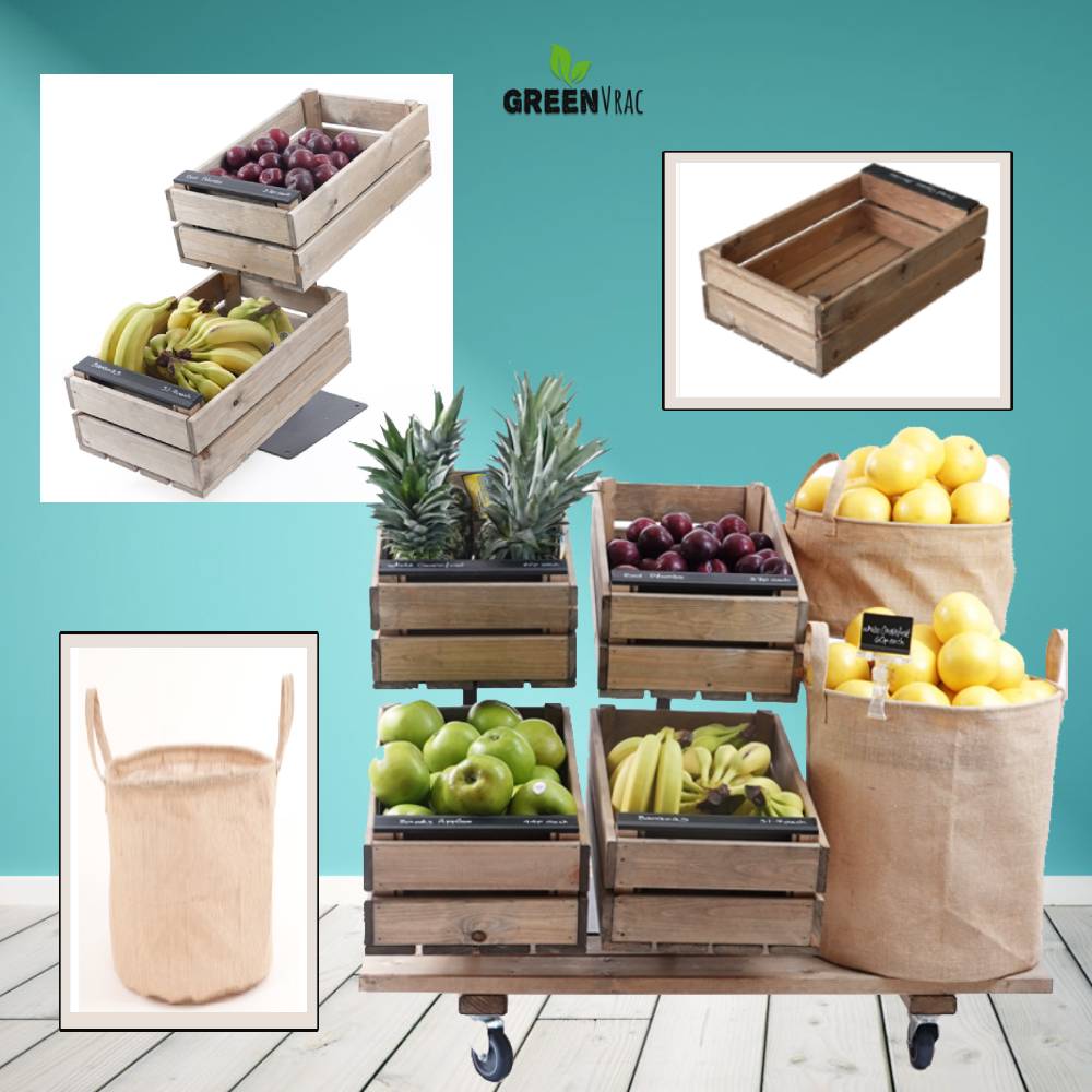 Étal MOBILE FRUITS en bois Style Ferme & Campagne Roulettes - Avec Sacs et Caisses/Cagettes - Tarif sur demande 2 Étal MOBILE FRUITS en bois
