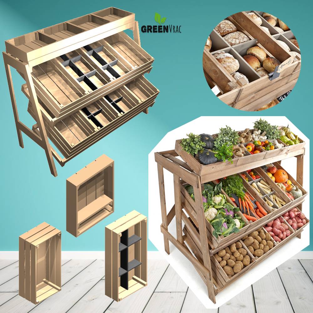 Présentoir à Cagettes PRODUITS LOCAUX bois Style Ferme & Campagne 170cm - Avec Caisses/Cagettes - Tarif sur demande 2 Présentoir à Cagettes PRODUITS LOCAUX