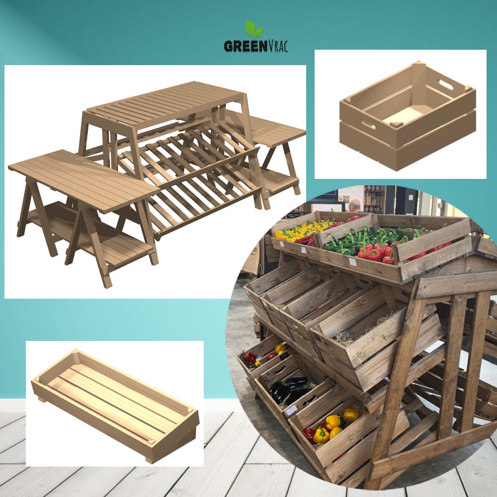 Présentoir fruits légumes double ÎLOT PRIMEUR bois Style Ferme & Campagne 170cm - Avec Caisses/Cagettes - Tarif sur demande 4 Présentoir fruits légumes double ÎLOT PRIMEUR bois Style Ferme & Campagne