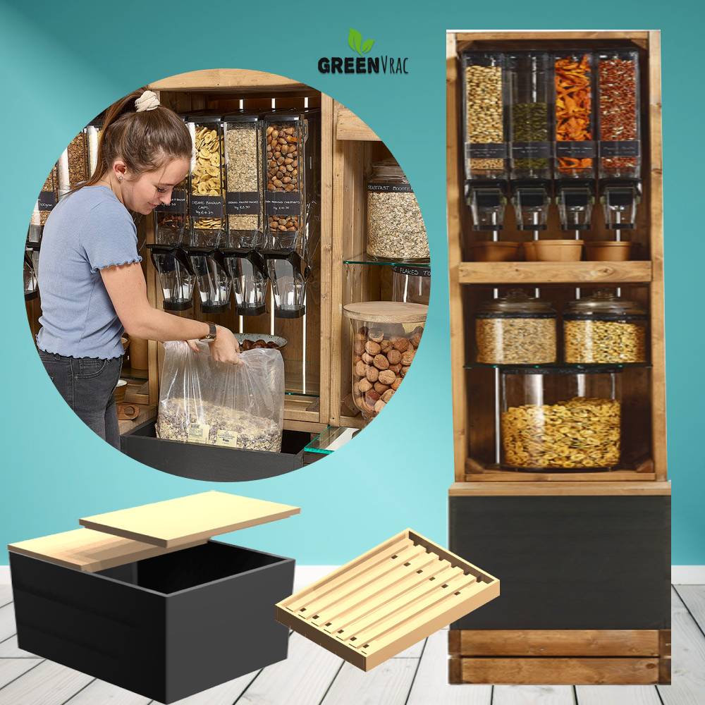 Présentoir Étagère Vrac CÉRÉALES Style Ferme & Campagne 50cm - Avec Caisson et Distributeurs - Tarif sur demande 2 présentoir Étagère Vrac CÉRÉALES bio