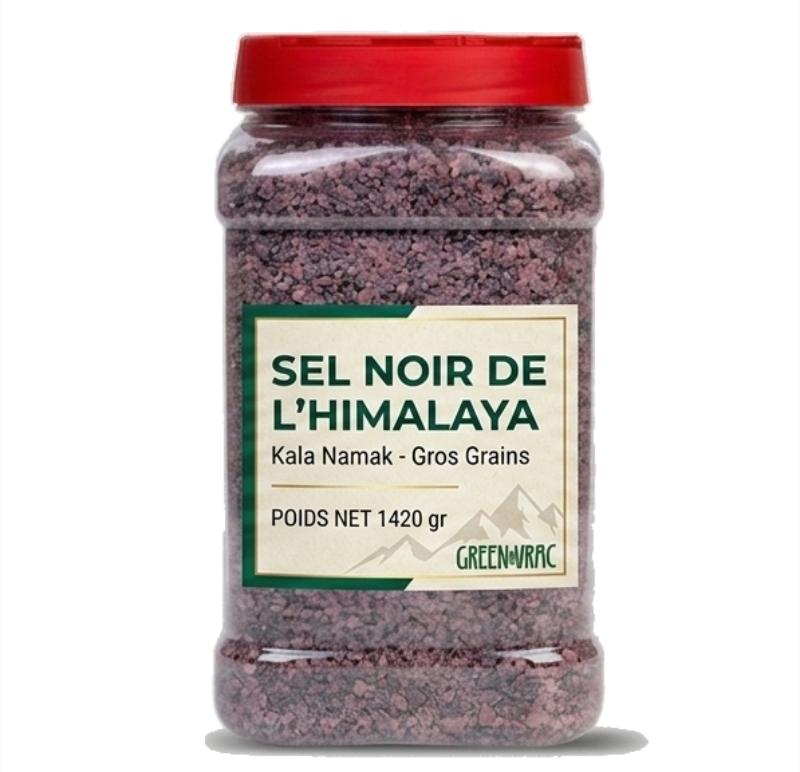 Sel noir de l’Himalaya en vrac (Kala Namak) - PET 1420gr 1 Sel noir de l’Himalaya en vrac Kala Namak – sel minéral naturel en cristaux gris foncé à noirs, proposé par grossiste en épices pour cuisine professionnelle vegan et indienne